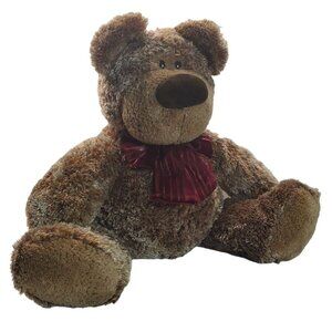 Large Plush Brown Teddy Bear With Red Bow Soft Cuddly Companion 24" Stuffed Anim